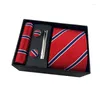 Bow Ties 6pcs Set Gift Box For Men Wine Navy Grey Solid Striped Polyester Necktie Pocket Square Clip Cufflinks Handkerchief Wholesale