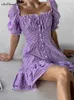 Party Dresses Purple Plaid Dress Puff Sleeve Ruffled Women Lace-Up Button Frill Summer 2024 Ladies Cascading