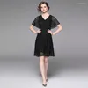 Sukienki imprezowe Zxryxgs Elegancki temperament Summer Damskie Czarna Koronkowa Talia V-Neck była cienką sukienką modową