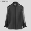 T-Shirts Incerun Mesh Shirt Men Lapel See Through Sexy Stylish Button 2023 Camisa Long Sleeve Transparent Party Nightclub Men Shirt S3xl