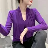 여자 T 셔츠 세련된 섹시한 단색 밝은 실크 메쉬 티셔츠 스프링 패션 슬림 v- 넥 패치 워크 탑 여성 의류 e883