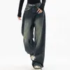 Jeans femminile femminile ad alta vita jeans harajuku strumene retrò primavera di moda e gamba larga autunnale dritta pantaloni tascabili in jeans sciolti y240422