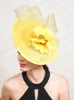 Affastore giallo Wedding Woming Women Hat Ladies Ladies Femme Deby Tea Party Chapeau Cap Bride Wedding Event Event Cappuggente pillola pillola con fascia per la testa