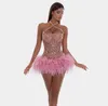 Платья для вечеринок роскошные кристаллы из бисера короткие выпускные розовые перья мини