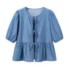 Kadın Bluzları 2024 Kadınlar Vintage Puff Sleve O Boyun Mavi Dantel Yukarı Gömlek Street Giyim Ropa De Mujer Yaz Tops