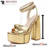 Dress Shoes Gold Heels For Women Bow Knot Fashion Metalic Chunky Block Heel Sandals enkelband Platform 2023 Zomer Nieuw H240423