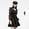 Casual Dresses Puff Sleeve Punk Dark Women's Short Spring and Summer A-Line kjol Slim Looking Sexig elegant rutig klänning