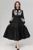 Women's Runway Dresses Turn Down Collar Long Sleeves Embroidery Elastic Waist Ruffles Fashion Mid Vestidos