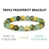 Strängar Triple Prosperity Armband Citrine Green Aventurine African Turquoise 8 mm rund välstånd och lycka kristaller