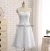 Elegant Short Wedding Dress Knee Length Tank Beaded Lace Applique Tulle Sheer Neck Beach Bridal Gowns Real Photo