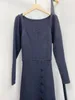 New sandro Square necked lantern sleeve button split mid length knitted solid color dress