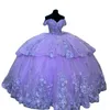 Lilac Off Ombro Quinceanera Vestidos 3D Apliques florais do piso vestido de baile vestido de baile de costas de volta para cima Sweet 16 Robe Princess Vestido de 15 VX ANOS