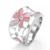 Bands Huitan Fleurs fraîches Émail Femmes Femmes Silver Color Band Wide Dinger Rings for Femed Wedding Party Aesthetic Bridal Bijoux