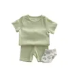 Kläder sätter baby bomull ribbade kläder set korta ärm toppar + shorts 2st.