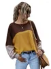 Women's T Shirts Street Trend Hit Color Contrast Pullover 2024 European och American Patchwork Waffle Långärmad avslappnad topp för kvinnor