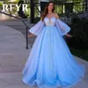 Robes de fête rfyr charmant ciel bleu appliques brillantes robe de bal perle en dentelle manches bouffées détachables