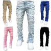 Jeans masculin pour hommes jeans jeans homme régulier ajustement empilé patch en détresse détruite pantalon denim droit streetwear vêtements décontracté rock skinny rock revival slim fit jean