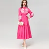 Women's Runway Dresses Turn Down Collar Long Sleeves Embroidery Elastic Waist Ruffles Fashion Mid Vestidos