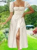 Podstawowe sukienki swobodne sukienki kwiatowe Slim Fit kwadratowy dekolt koronkowy dekolt w górę podzielone krótkie sukienki z krótkim rękawem Summer nieregularny ubranie seksowne dziewczyny