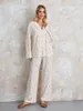 Women's Sleepwear Women Fruit Printing Pajamas Lounge Set Y2K Floral 2 Piece Casual Outfits Long Sleeve Button Down Shirt Wide Leg Pants