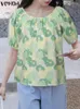 Blouses pour femmes Vonda Sumou Round Coule Femmes Chaînes Shirts à manches bouffantes courtes 2024 Sexy Casual Bohemian imprimé TUNIQUE LORD BLUSAS