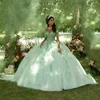 Beauty Green Quinceanera Dresses V Neck Lace Appliques Sequin Sweet 15 Dress Bow Tie Sweep Train Junior Vestidos De Anos