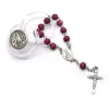 Strands Qigo Red Wood Perles Strand Cross Rosary Bracciale con regali di gioielli religiosi della chiesa in scatola