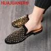 Shiny Gold Spiked Rivets Slippers Men Casual Shoes Punk Heavy Metal Fashion Dress Shoes Men Flats Slip On Half Shoes For Men 240409