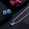 Necklaces CWWZircons Shiny Square Cut Cubic Zirconia Light Blue Jewelry Set for Women White Gold Color Bridal Wedding Party Necklace T576