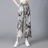 Women's Pants Summer Thin Loose Cropped Print Elastic High Waist Patchwork Pockets Drawstring Fashion Versatile Straight Wide Leg