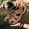 Big Size Mens Sandals Summer Anticollision Outdoor Walking Preking Casual Shoes Leather Handing Men Slippers Beach Wading 240418