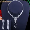 Conjunta Cwwzircon Luxury Bubai Silver Color cúbica Zircônia pendurada Drop Drop Long African Bridal Wedding Jewelry Sets Fantaspume T378