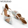 Dans Ayakkabıları Wuxijiao Gümüş İpek Saten Rhinestone Modern Latin Düğün Baotou Designarty