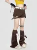 REDDACHiC Vintage Brown Cowgirl Denim Leg Warmers Flared Bandage Belt Women Gaiters Boots Cover Grunge Y2k Girl Knee-long Socks 240422