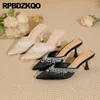 Talltor Crystal High Heels Satin Jewel Mules Rhinestone Diamond Stiletto Stängt tå kvinnor skor pumpar hälften glider sandaler siden