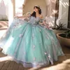 Neueste glänzende Prinzessin Quinceanera Dressing Ball Kleid Junior Girls Geburtstagskleid von der Schulter Langarm mit 3D Blumen Vestidos de Quniceanera