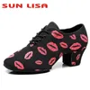 Dance Shoes Sun Lisa Women's Lady's Girl's Red Lips Indoor Oxford Leather Sole Chunky Heel Sneaker Ballroom Modern Salsa Latin