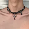 Halsband Y2K oregelbundna röda kors benhänge nit halsband för kvinnor män charms flerskikt läder choker punk coola smycken tillbehör