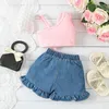 Clothing Sets Kids Girls Summer Shorts Sleeveless Bow Camisole Tops With Ruffle Denim Short Jeans Outfits Clothes