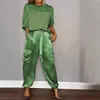 Elegant Satin Two Piece Set Women Outfits Spring Summer Casual Solid O Neck Shirt Long Pants Tracksuit Fashion Female Loose Suit 240408