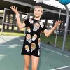 2024 Basketball cekin patchwork Bling Kobiety T-shirty O-Neck Prosta krótka sukienka Kobieta Shinny Casual Sportowe Tees Tops 240412