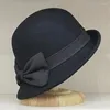 Boinas femininas 1920 Bucket cloche hat gatsby inverno lã britável jogador rolo brim redonda fedora com sotaque de arco preto
