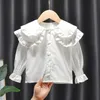 Baby Girls Blouses Kids White Blue Shirts 2024 Spring Autumn Doll Collar Tops 1 To 6Yrs Childrens Korean Style Clothing 240410