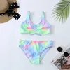 Swim Wear Tie Dye Girls Swimsuit Kids 7-14 Years Two Piece Childrens Swimwear Ruched Front Bikini Set Teen Bathing Suit 2024 Beachwear 240423