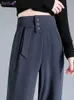 Dżinsy damskie solidne plisowane druk szerokopasmowe spodnie nogi kobiety koreańskie elastyczne elastyczne podwyższone talia proste spodnie Nowe letnie swobodne spodnie za 75 kg y240422
