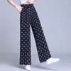 Women's Pants 2024 Summer Korean Commute Elastic High Waist Pocket Loose Straight Printed Polka Dot Casual Chiffon Wide Leg