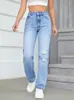 Jeans femminile benuynffy cerniera strappata gamba dritta donna casual streetwear high waist in jeans pantaloni larghi alla moda da donna sciolta