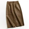 Spódnice Slim A-Line Przednia przednia Brązowa skórzana skóra Midi High Pockets Pockets Kolan Faux