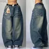 الجينز للسيدات الشارع USA جديد Wash Blue Pocket Jeans y2k Street Fashion Retro Punk High Phants Wide Wide for Men and Women YQ240423