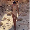 ملابس السباحة النسائية 2024 Kintted Cover Up Sexy Sexy See من خلال Maxi Slit Bodycon Summer Dress Bikinis Bikinis-Ups Elegant Halter Beachdress